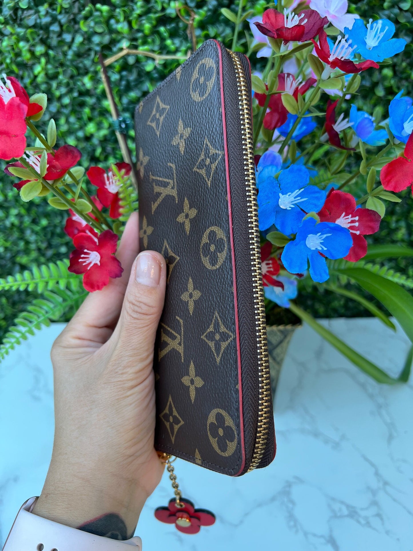 Authentic LV Clemence Blooming Flower Monogram Wallet Poppy Red