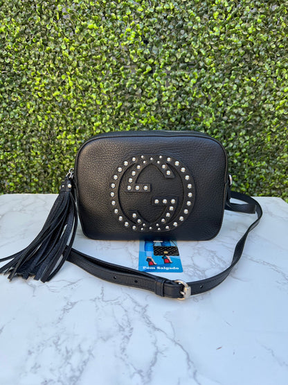 GG Black Pebbled Leather Studded Soho Disco Bag