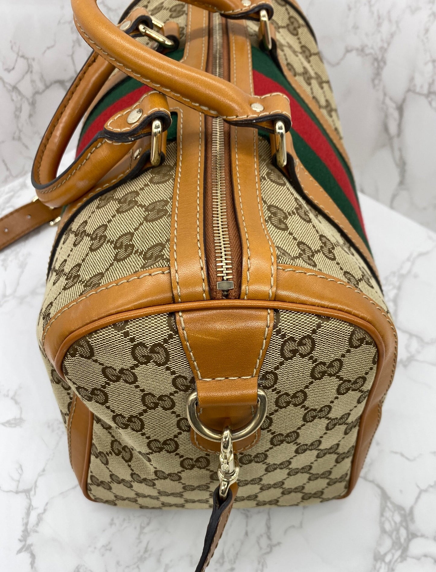 Gucci Vintage Web Medium Boston Bag Cognac