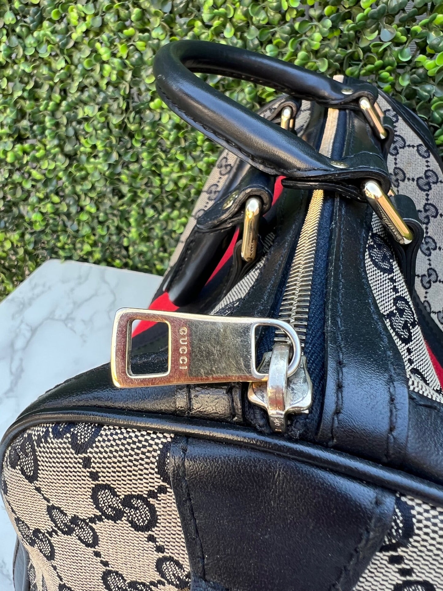 Authentic Preowned Gucci Boston Crossbody Bag with Vintage Web Navy Blue