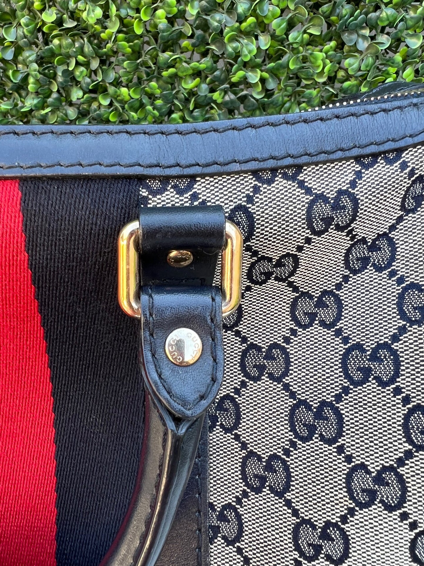 Authentic Preowned Gucci Boston Crossbody Bag with Vintage Web Navy Blue