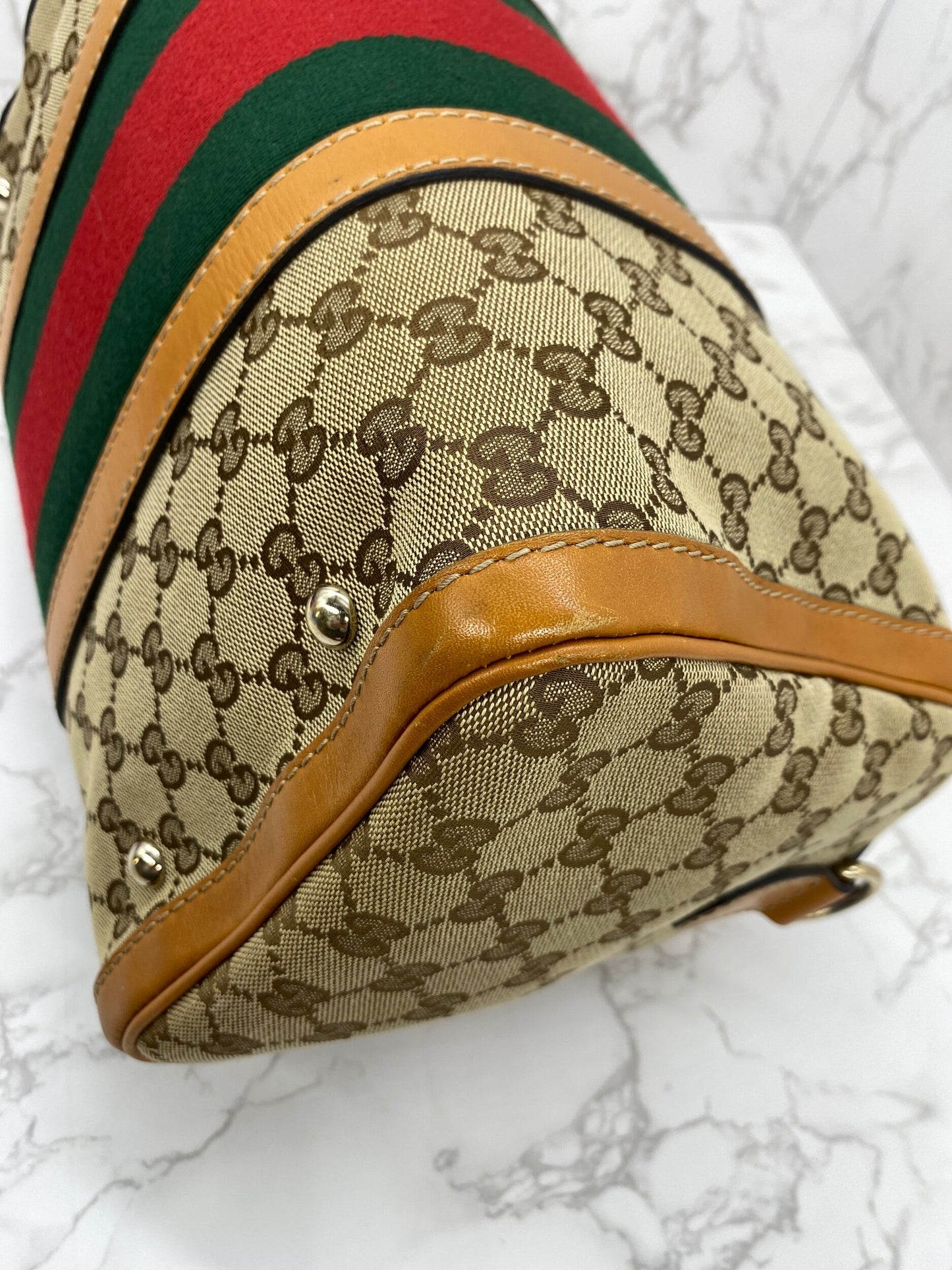 Gucci Vintage Web Medium Boston Bag Cognac