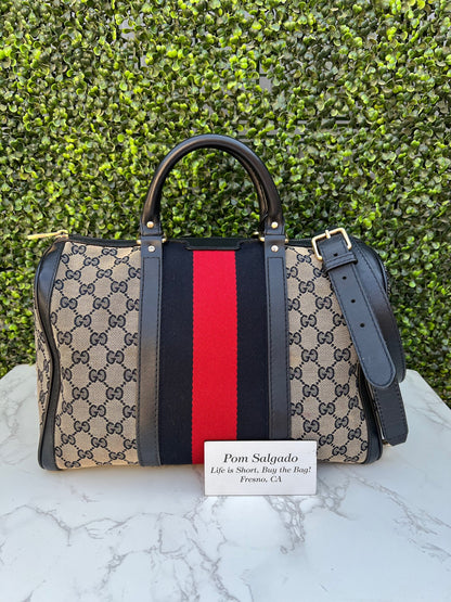 Authentic Preowned Gucci Boston Crossbody Bag with Vintage Web Navy Blue