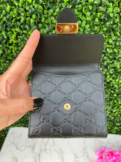 GG Black Leather French Compact Wallet