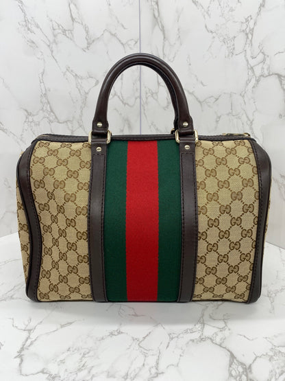 Gucci Boston Bag Medium Beige Red/Green Trim