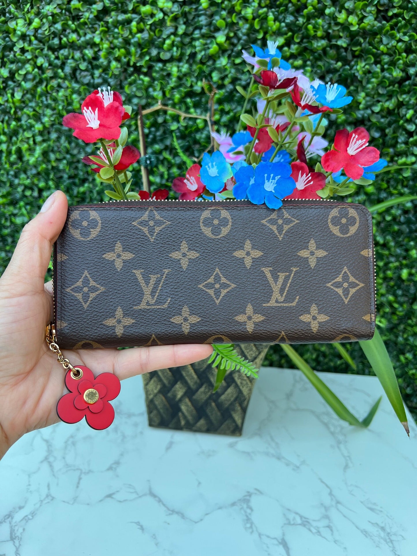 Authentic LV Clemence Blooming Flower Monogram Wallet Poppy Red
