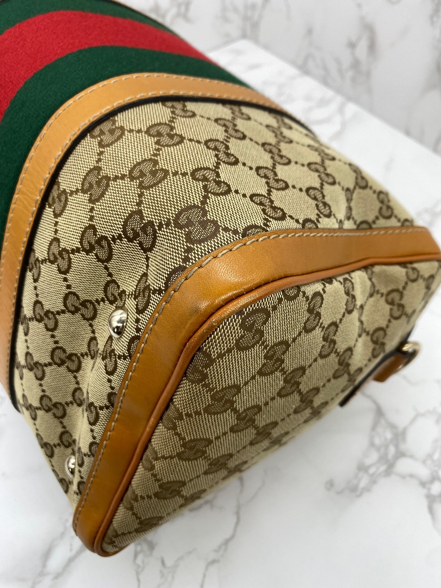 Gucci Vintage Web Medium Boston Bag Cognac