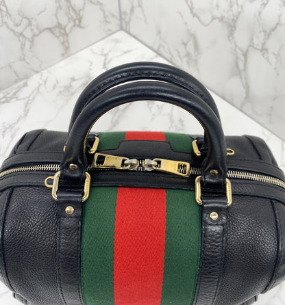 GUCCI Black Leather Vintage Web Small Boston with Removable Strap