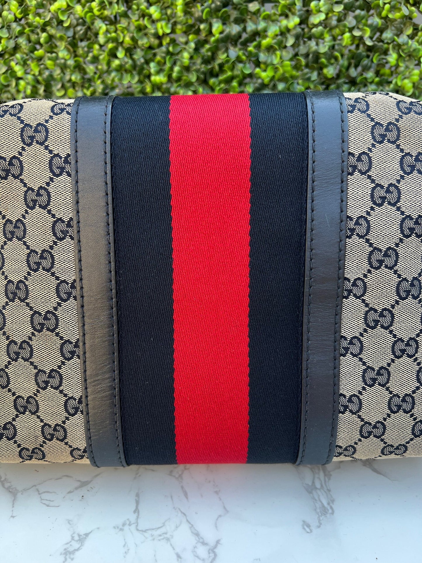 Authentic Preowned Gucci Boston Crossbody Bag with Vintage Web Navy Blue