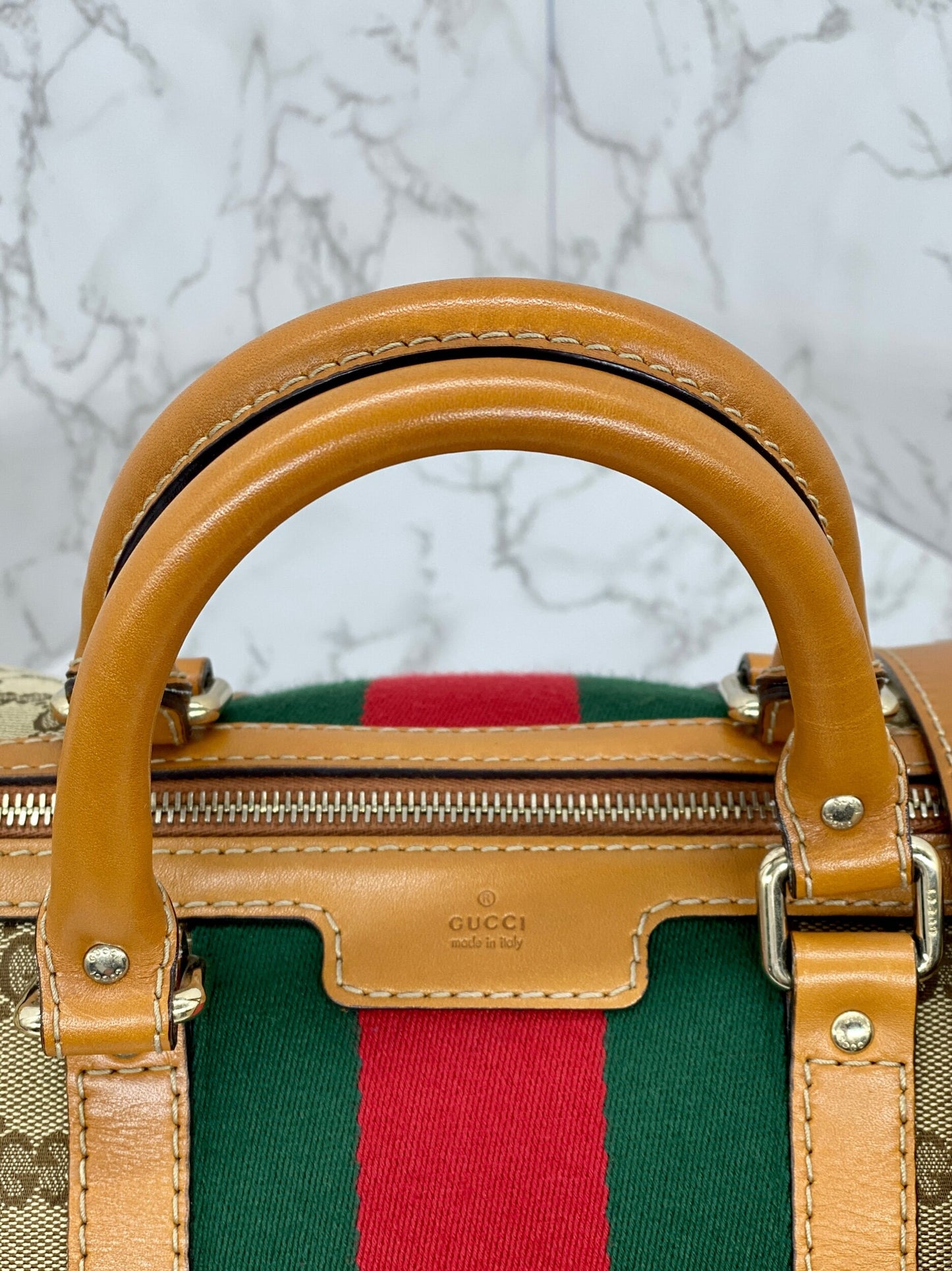Gucci Vintage Web Medium Boston Bag Cognac