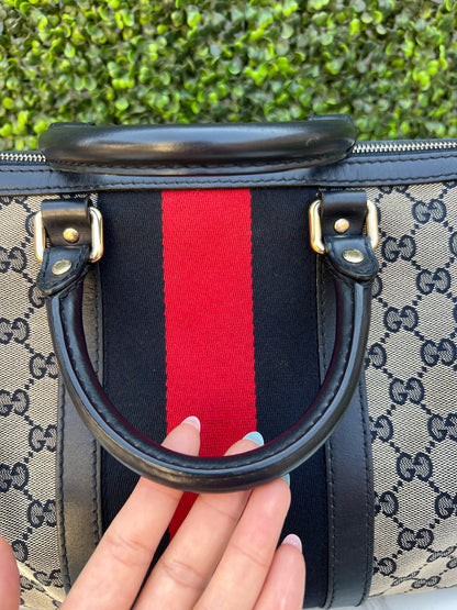 Authentic Preowned Gucci Boston Crossbody Bag with Vintage Web Navy Blue