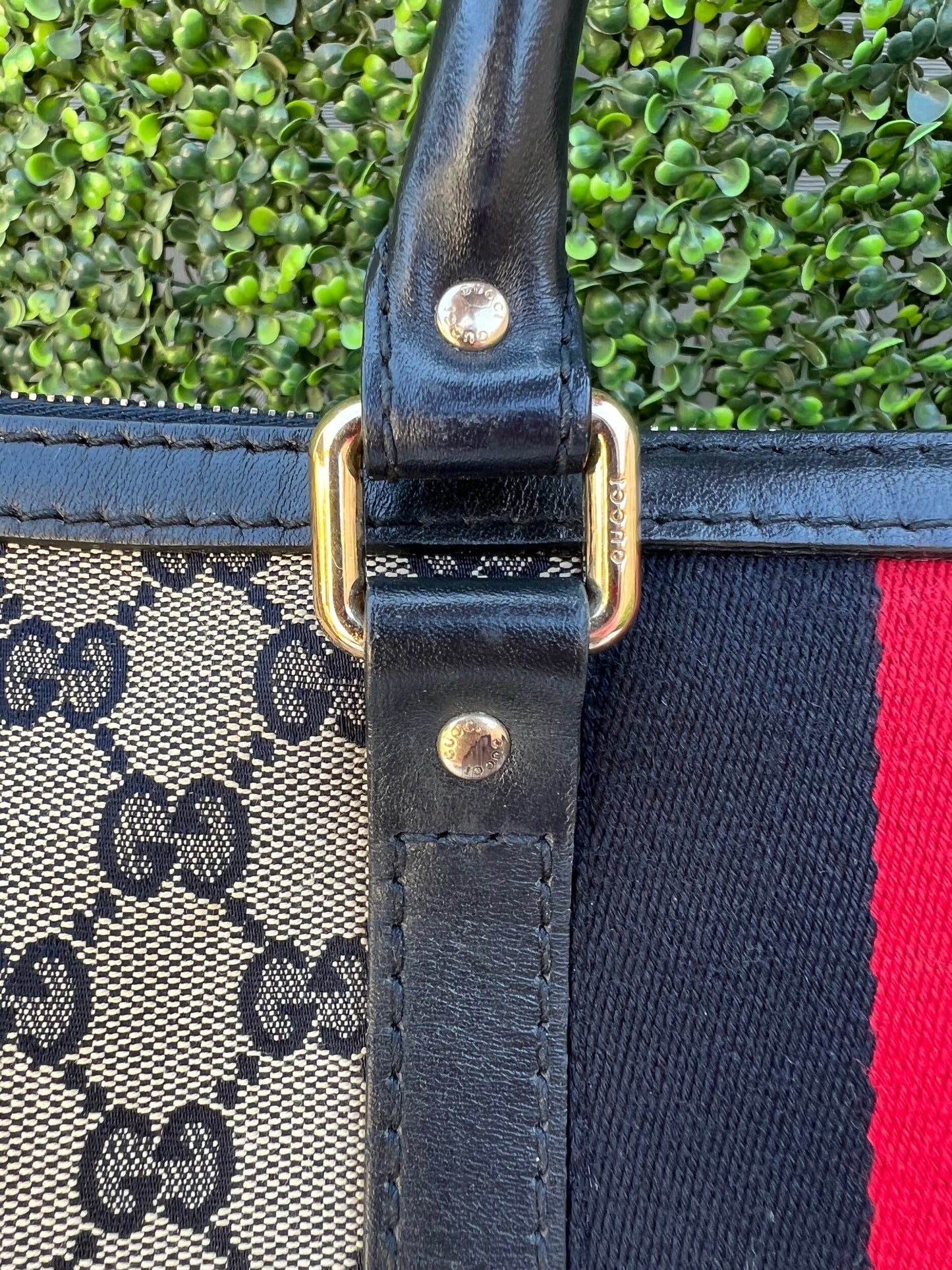 Authentic Preowned Gucci Boston Crossbody Bag with Vintage Web Navy Blue