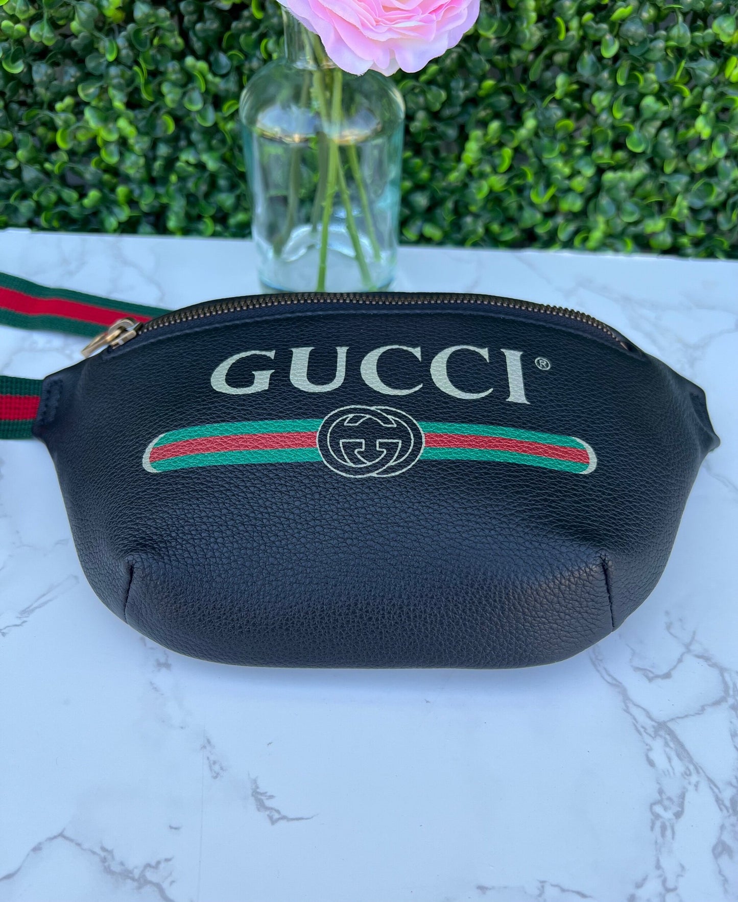 Small GG Logo Print Leather Belt Bag in Black