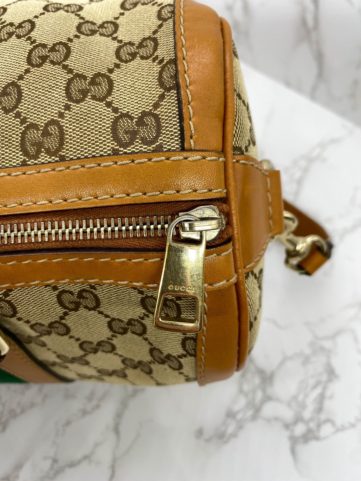 Gucci Vintage Web Medium Boston Bag Cognac