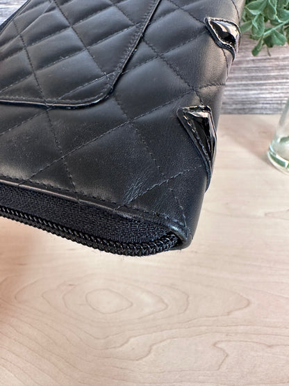 CC Black Calfskin Quilted Cambon Zip Around Organizer Clutch Wallet