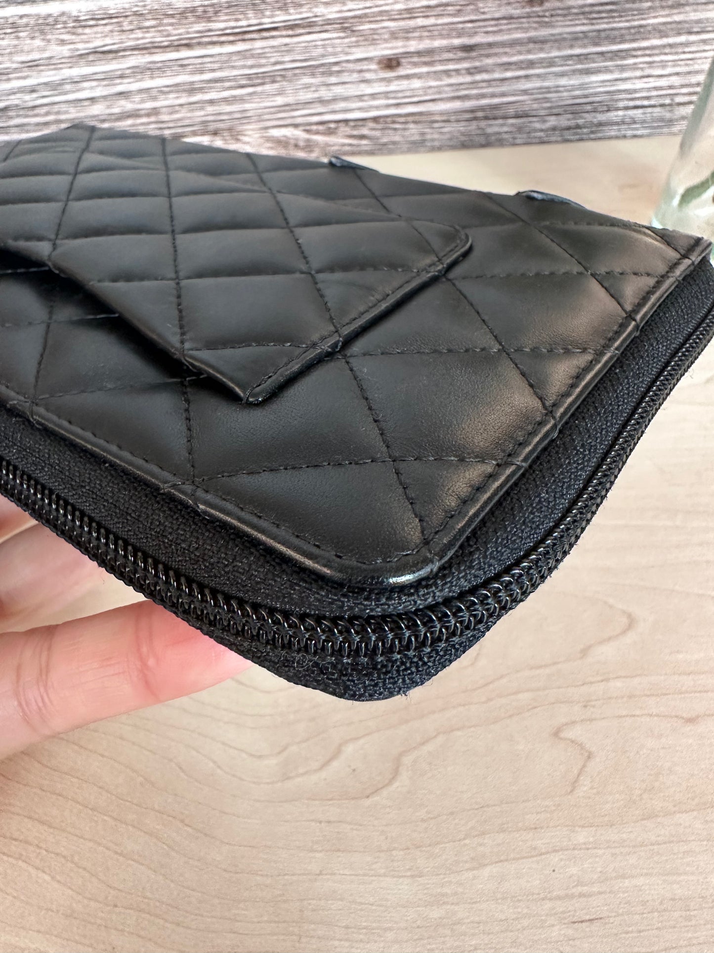CC Black Calfskin Quilted Cambon Zip Around Organizer Clutch Wallet