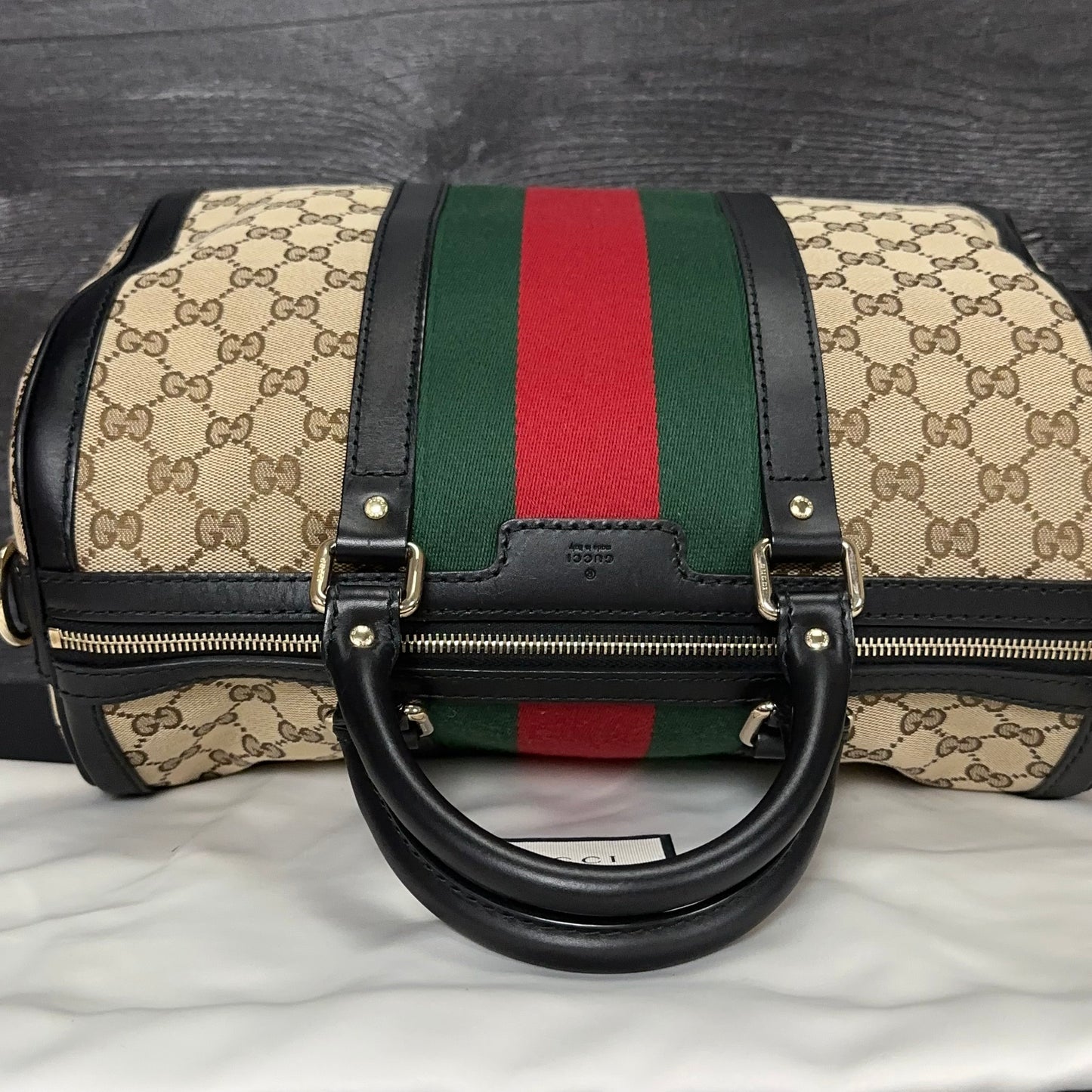 RARE BLACK LEATHER TRIM Medium GG Boston Vintage Web Bag