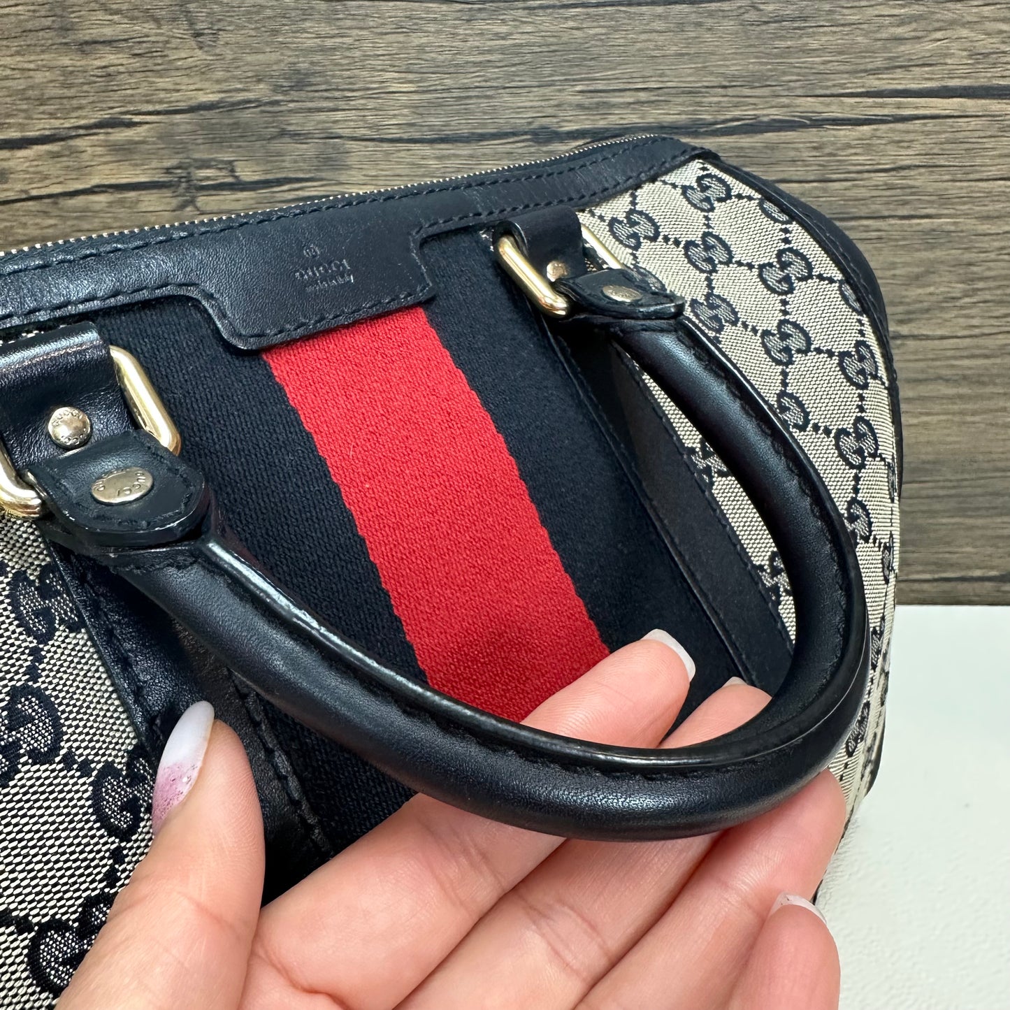 Vintage Web Navy Blue Boston Crossbody Bag