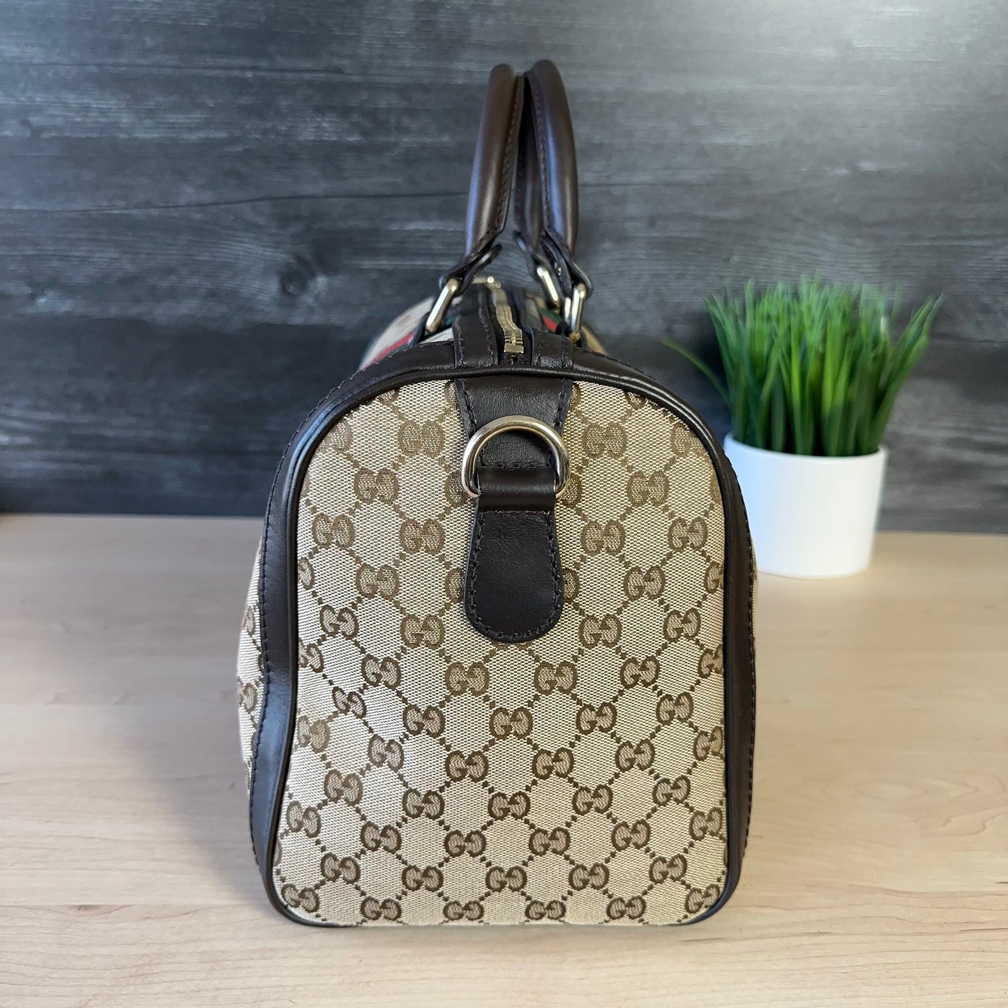 Gucci Vintage Web Dark Brown Medium Boston Bag