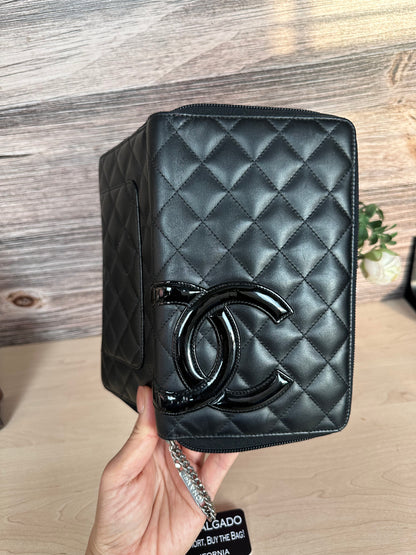 CC Black Calfskin Quilted Cambon Zip Around Organizer Clutch Wallet