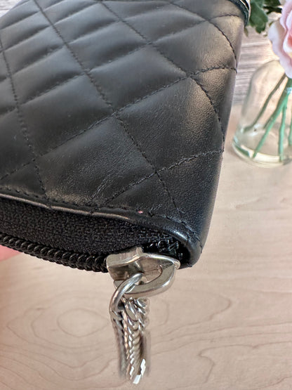 CC Black Calfskin Quilted Cambon Zip Around Organizer Clutch Wallet