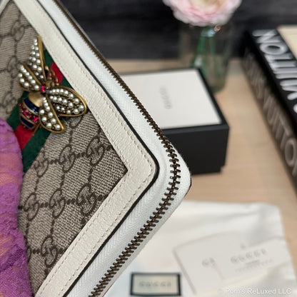 GG Supreme Monogram Web Queen Margaret Zip Around Wallet White