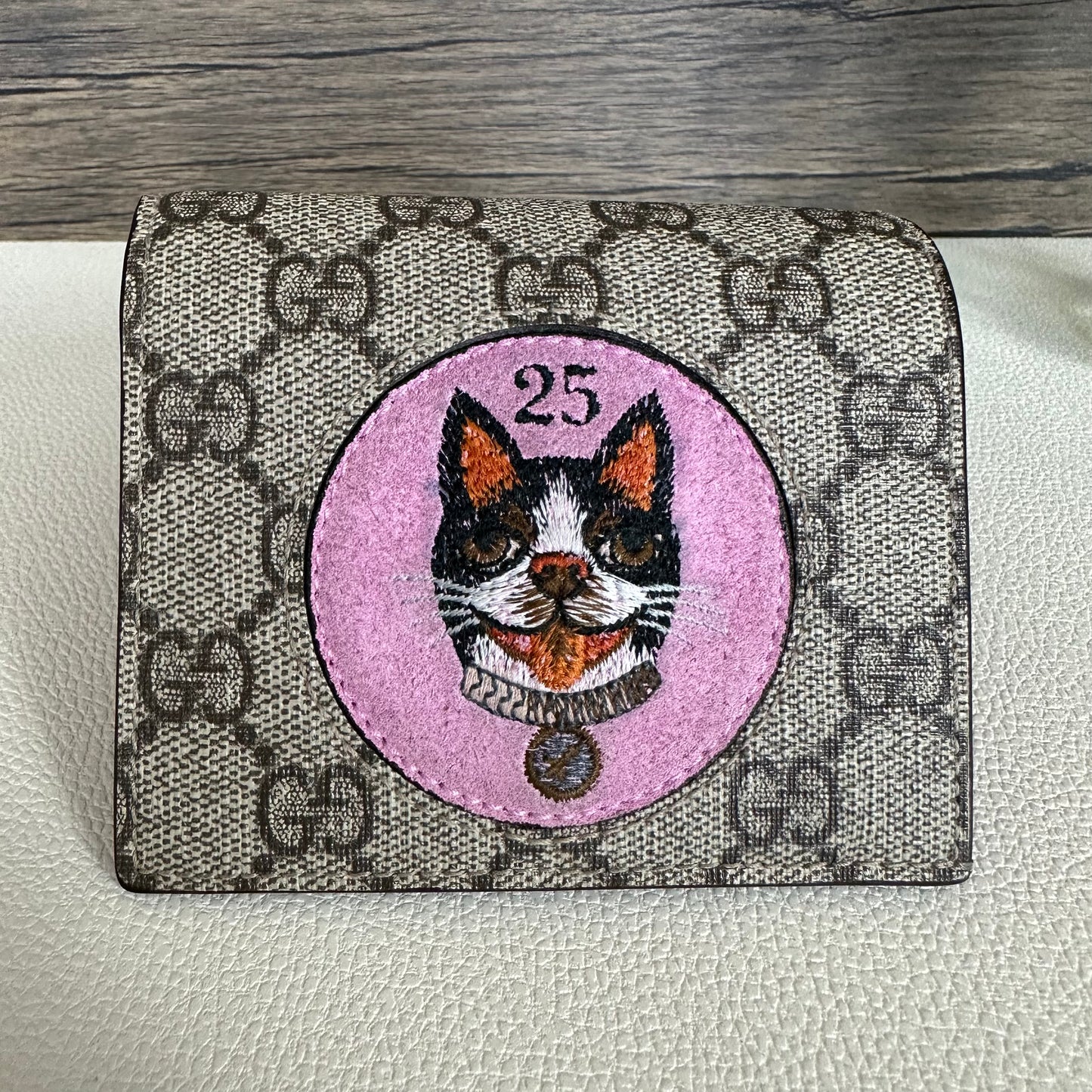 Bosco Patch GG Supreme Canvas Card Case Wallet Beige