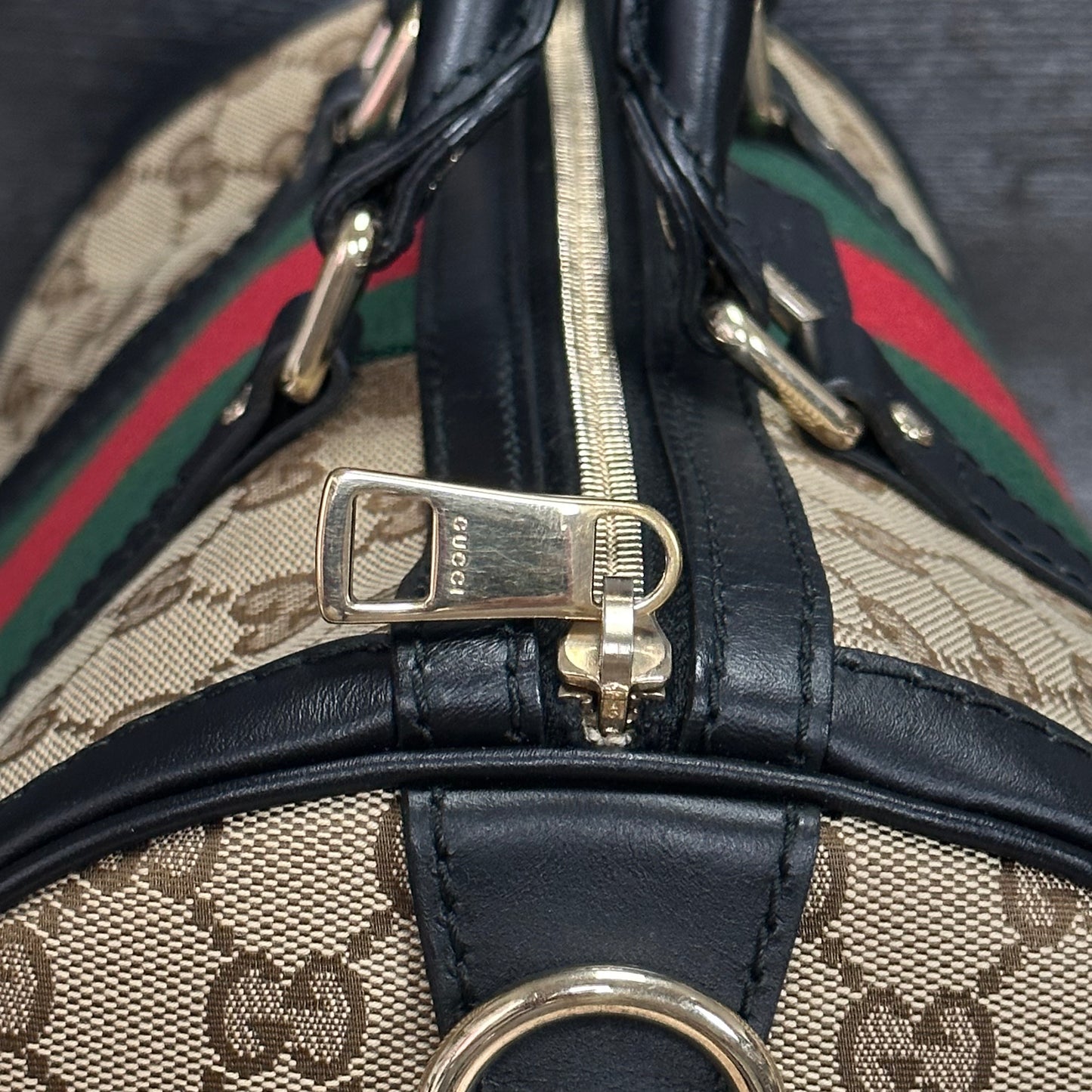 RARE BLACK LEATHER TRIM Medium GG Boston Vintage Web Bag