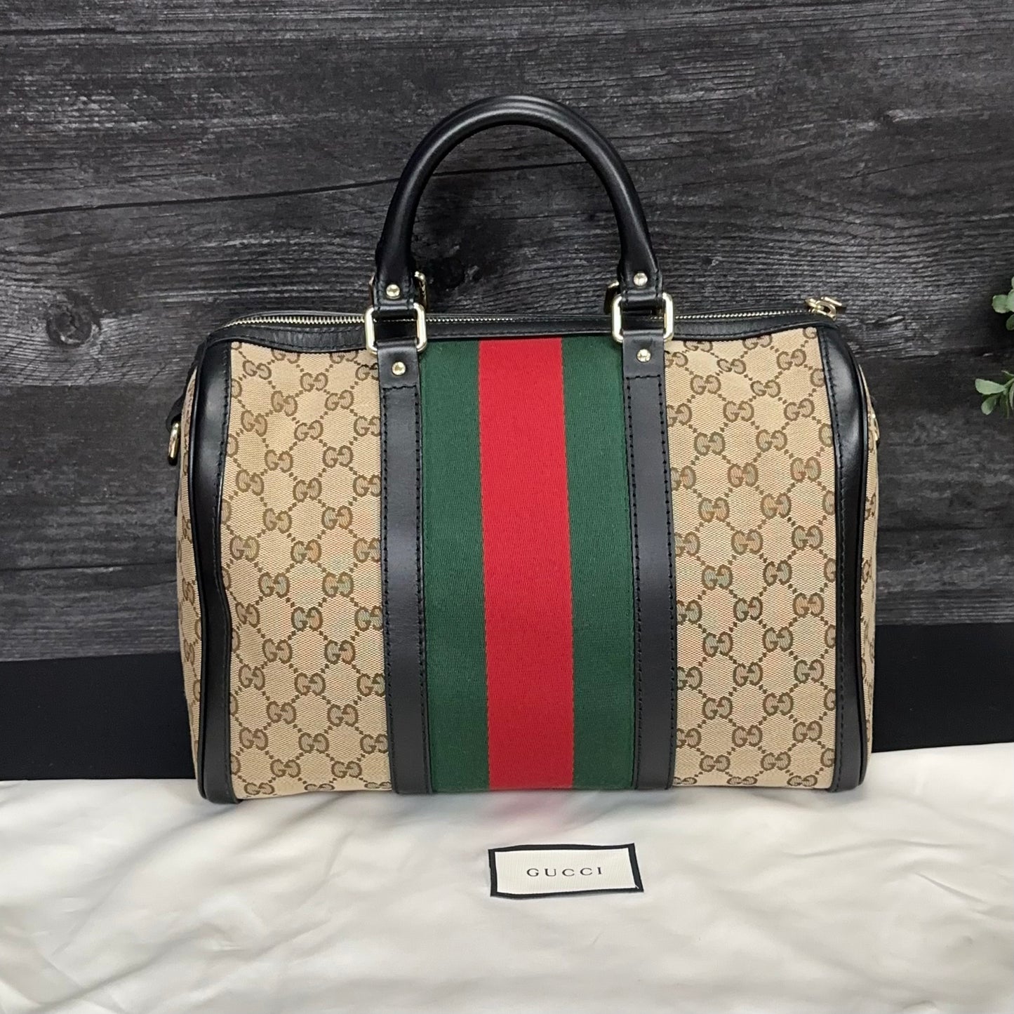 RARE BLACK LEATHER TRIM Medium GG Boston Vintage Web Bag