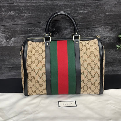 RARE BLACK LEATHER TRIM Medium GG Boston Vintage Web Bag