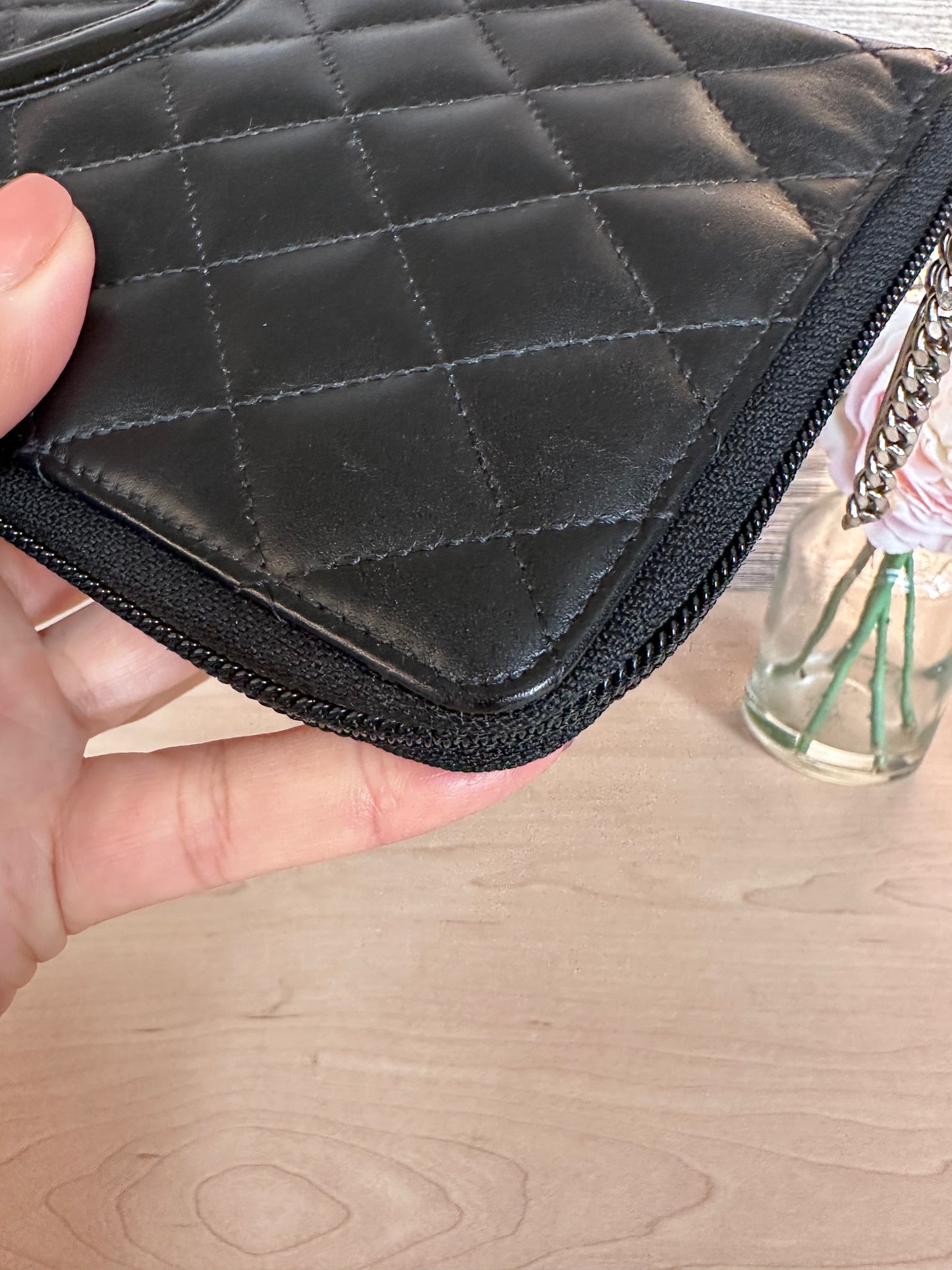 CC Black Calfskin Quilted Cambon Zip Around Organizer Clutch Wallet