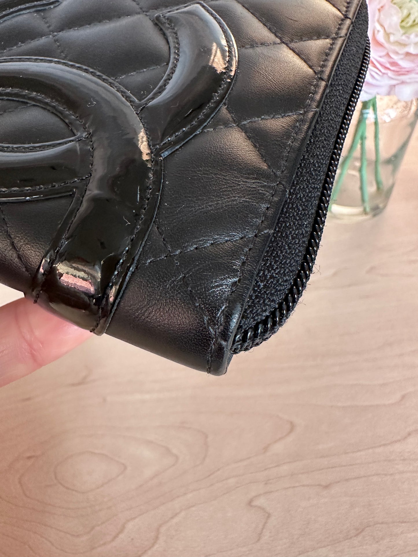 CC Black Calfskin Quilted Cambon Zip Around Organizer Clutch Wallet