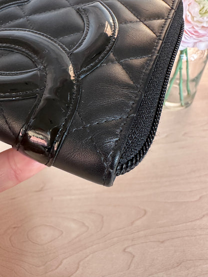 CC Black Calfskin Quilted Cambon Zip Around Organizer Clutch Wallet