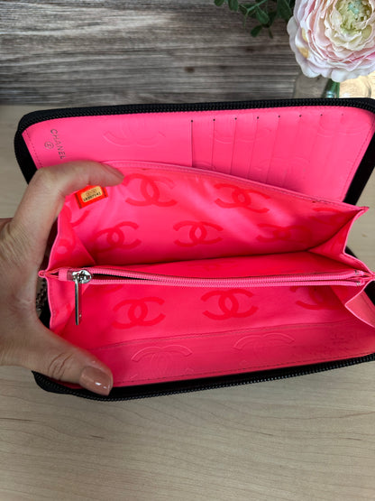 CC Black Calfskin Quilted Cambon Zip Around Organizer Clutch Wallet