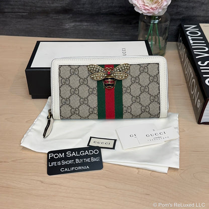 GG Supreme Monogram Web Queen Margaret Zip Around Wallet White