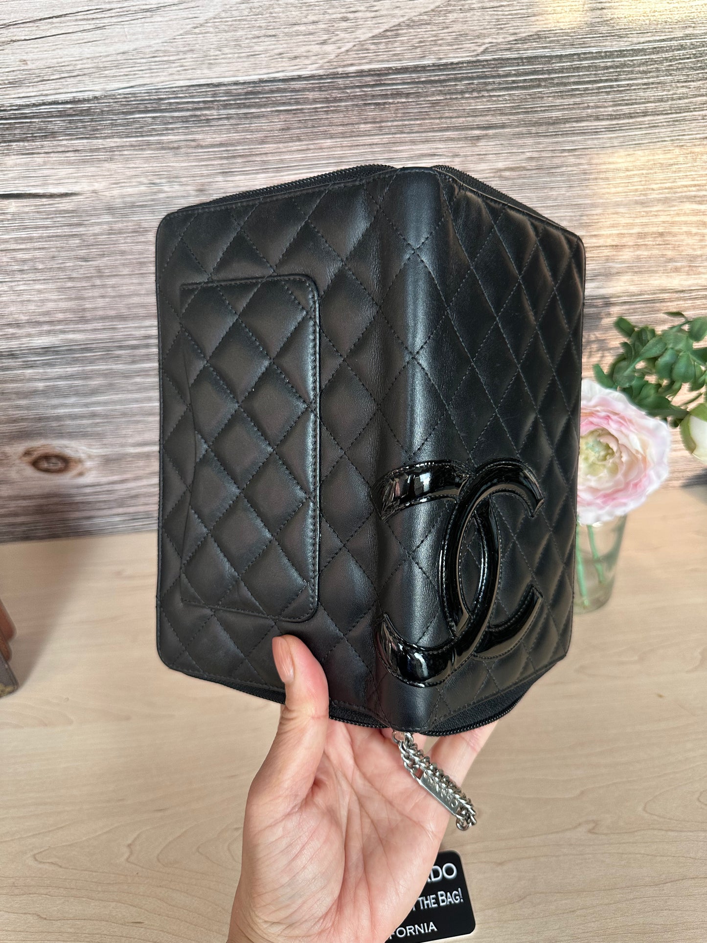 CC Black Calfskin Quilted Cambon Zip Around Organizer Clutch Wallet