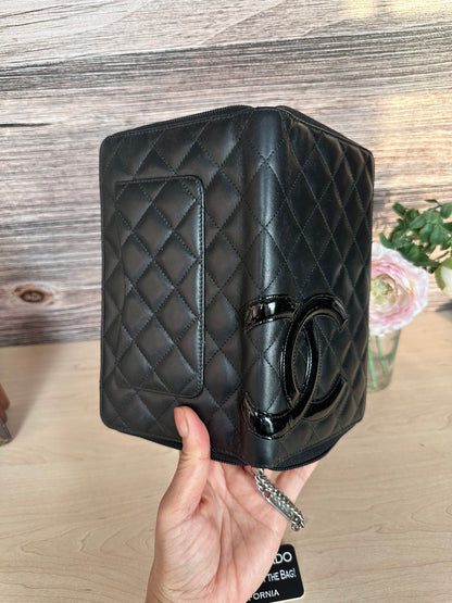 CC Black Calfskin Quilted Cambon Zip Around Organizer Clutch Wallet
