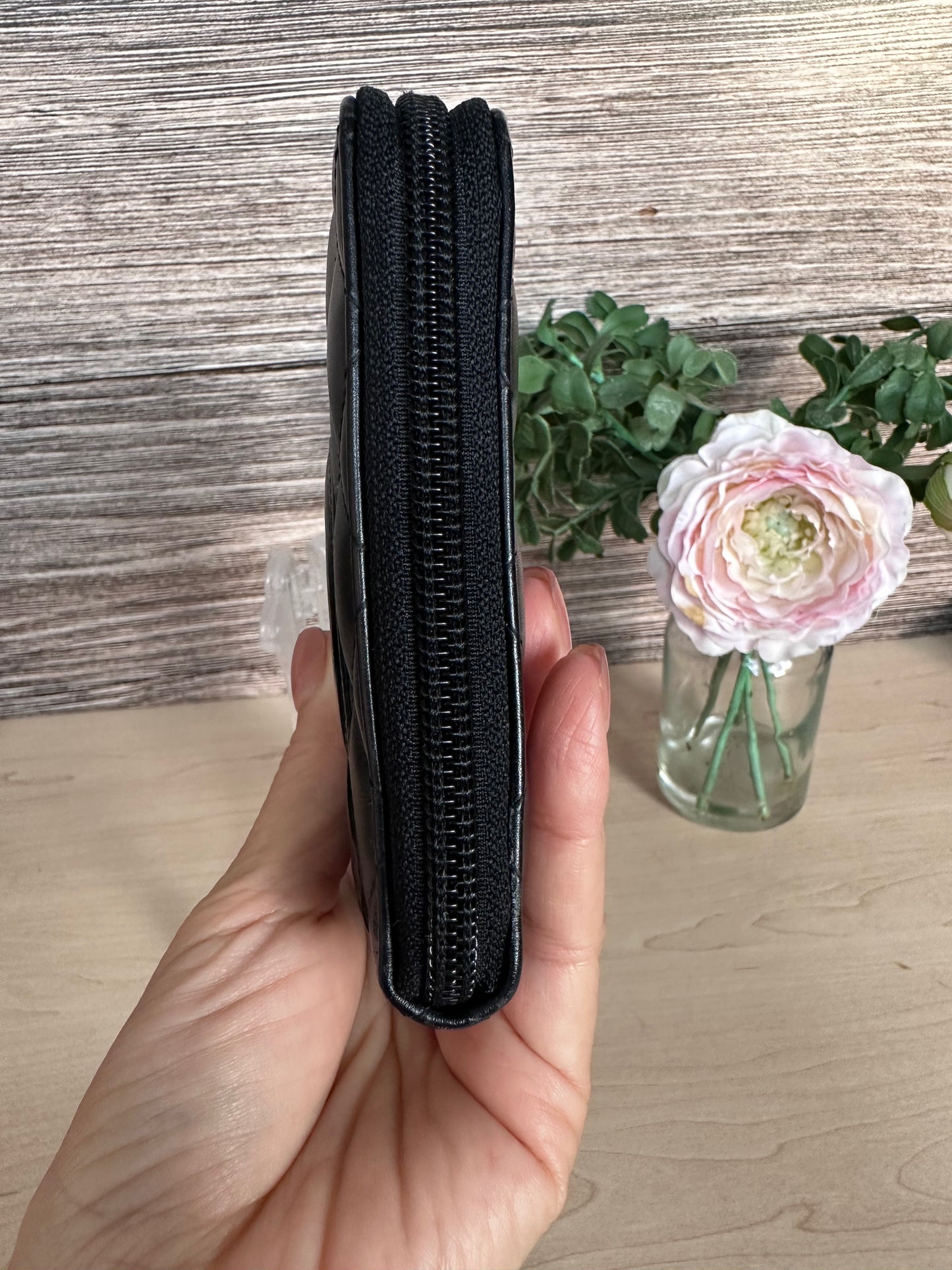 CC Black Calfskin Quilted Cambon Zip Around Organizer Clutch Wallet