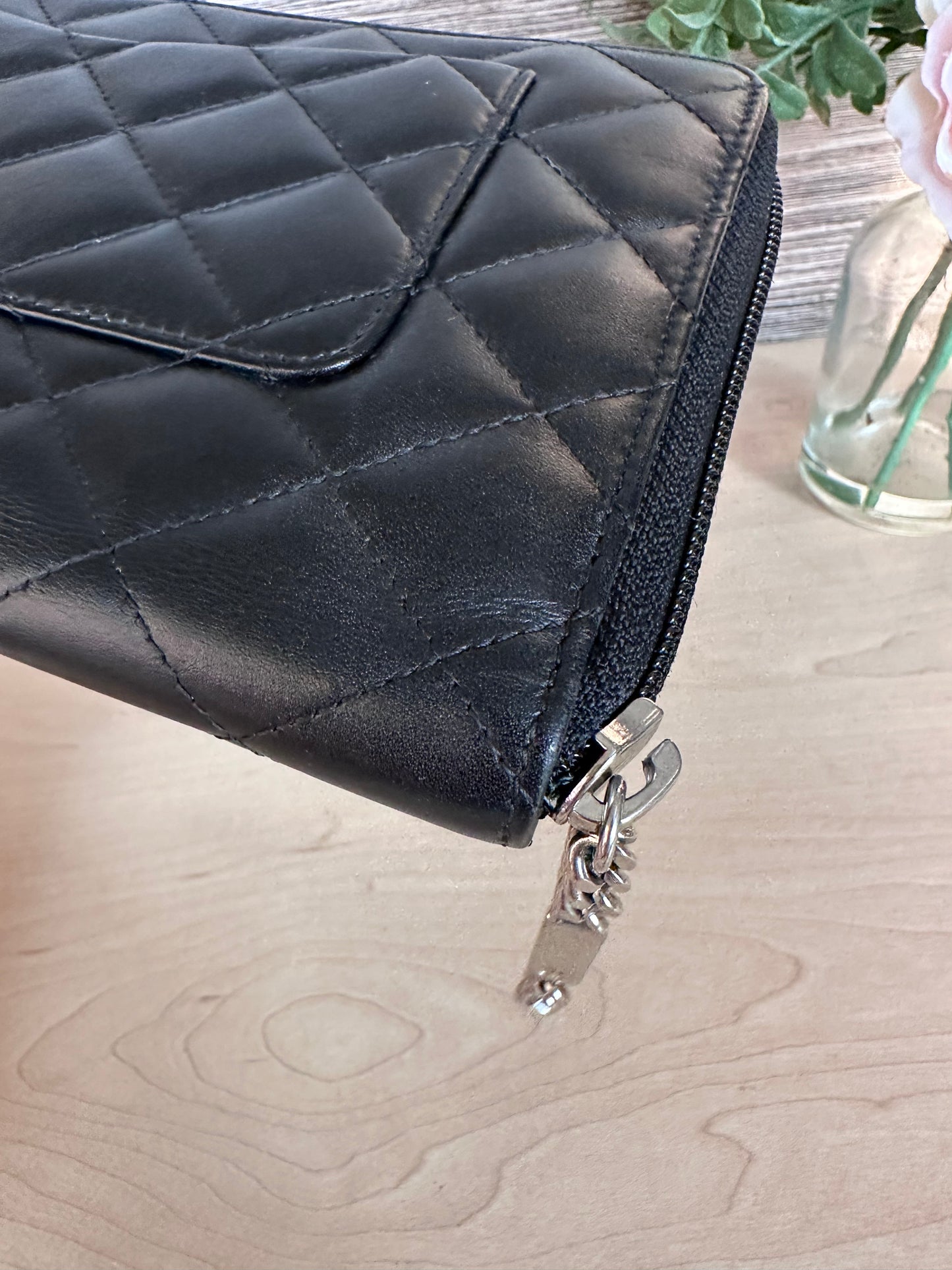 CC Black Calfskin Quilted Cambon Zip Around Organizer Clutch Wallet