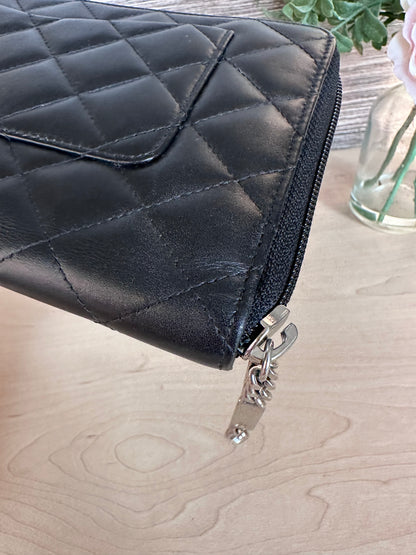 CC Black Calfskin Quilted Cambon Zip Around Organizer Clutch Wallet