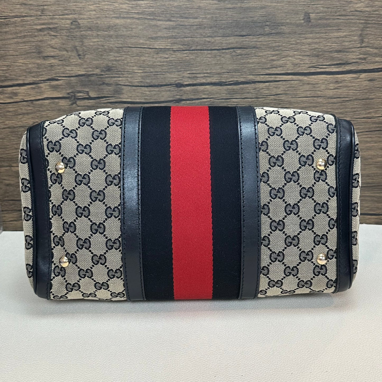 Vintage Web Navy Blue Boston Crossbody Bag