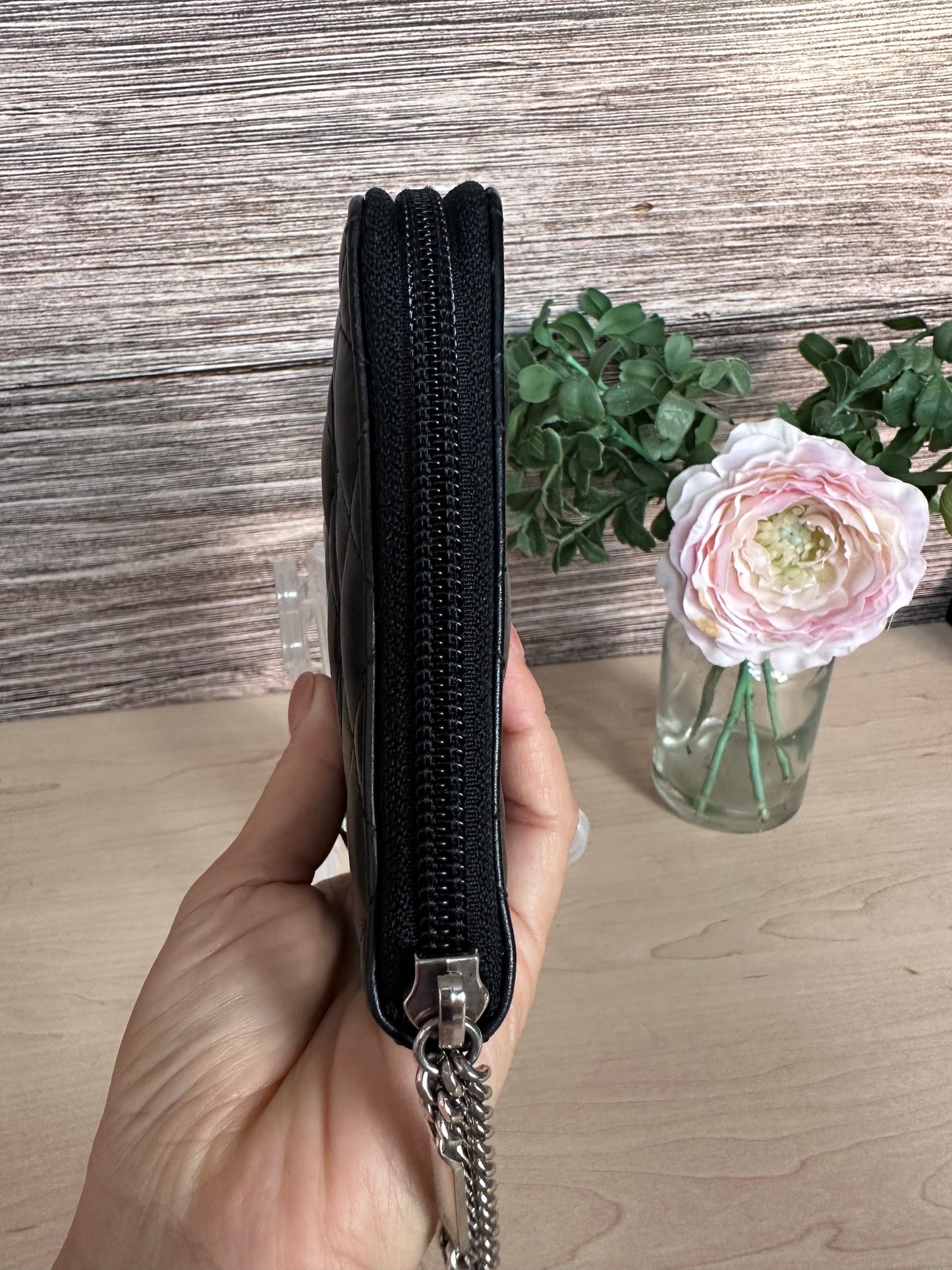 CC Black Calfskin Quilted Cambon Zip Around Organizer Clutch Wallet