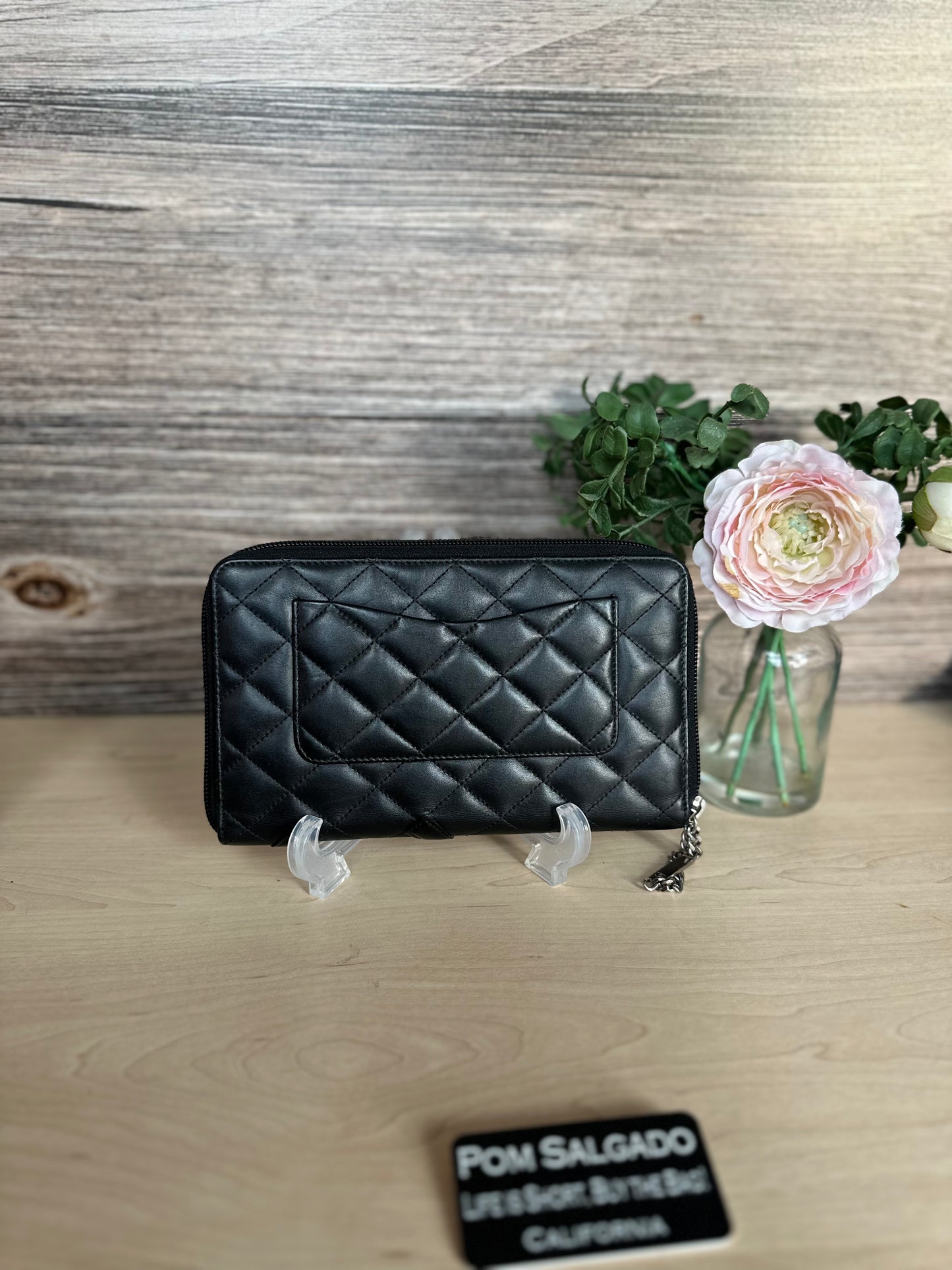 CC Black Calfskin Quilted Cambon Zip Around Organizer Clutch Wallet
