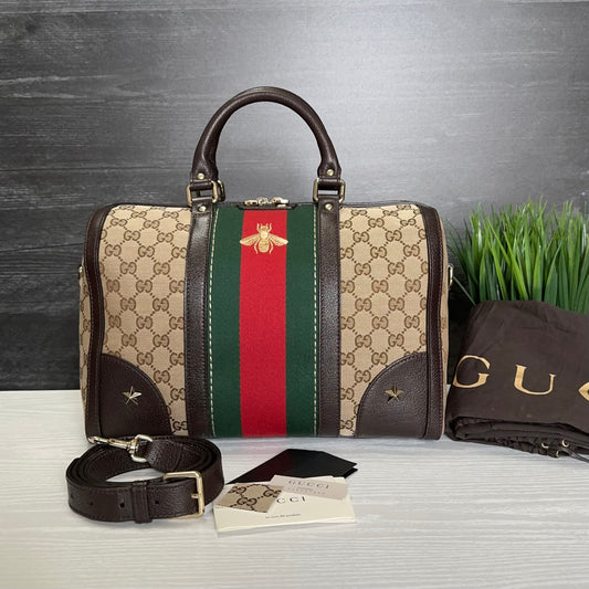 Authentic Pre-Owned Vintage Bee Web Boston Bag Dark Brown