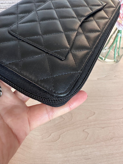 CC Black Calfskin Quilted Cambon Zip Around Organizer Clutch Wallet