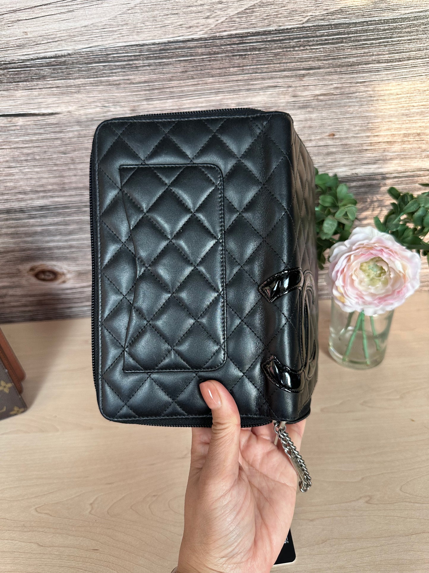 CC Black Calfskin Quilted Cambon Zip Around Organizer Clutch Wallet