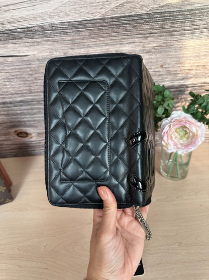 CC Black Calfskin Quilted Cambon Zip Around Organizer Clutch Wallet