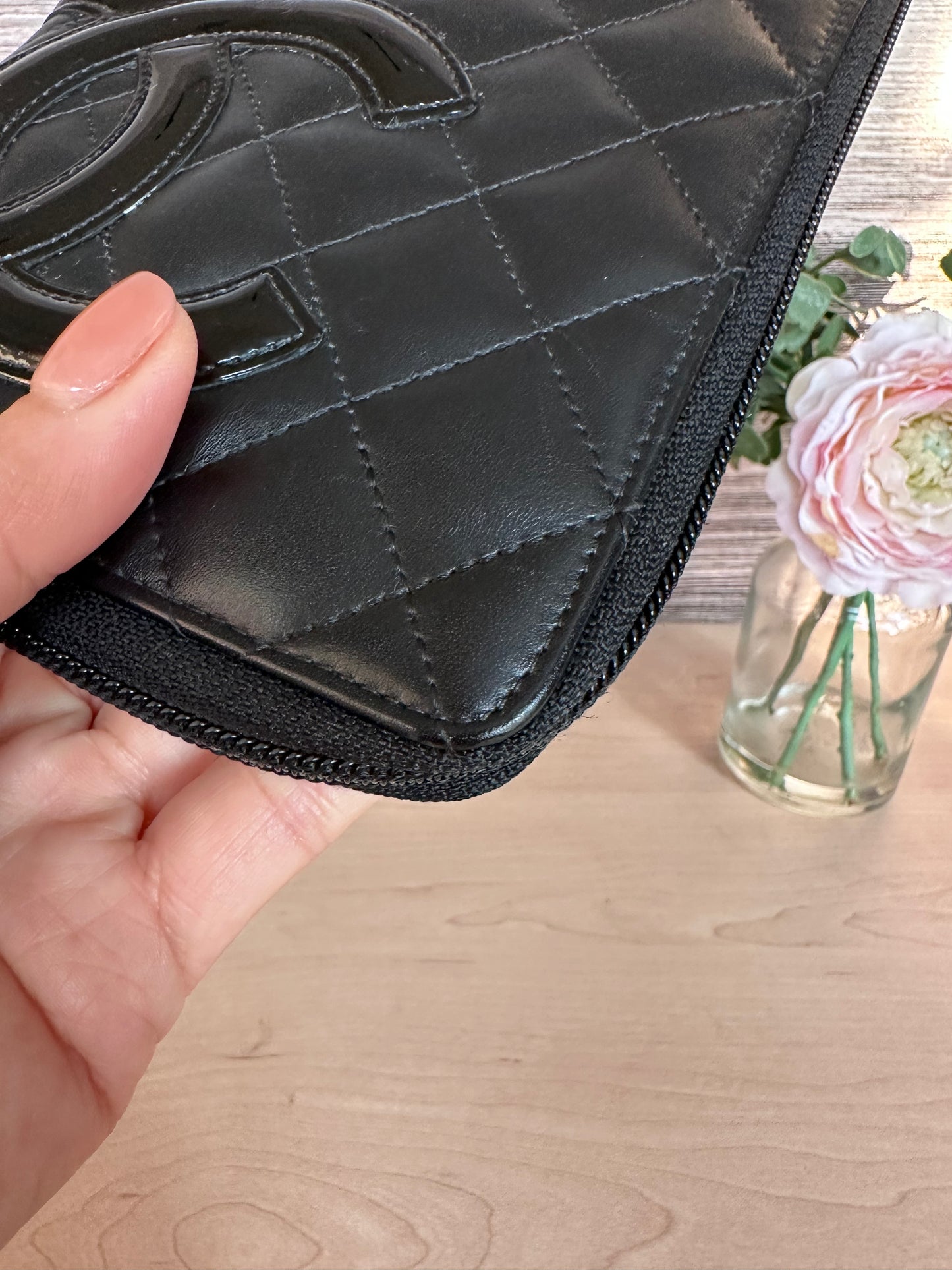 CC Black Calfskin Quilted Cambon Zip Around Organizer Clutch Wallet