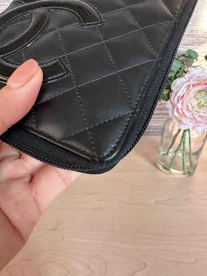 CC Black Calfskin Quilted Cambon Zip Around Organizer Clutch Wallet