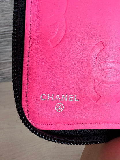 CC Black Calfskin Quilted Cambon Zip Around Organizer Clutch Wallet